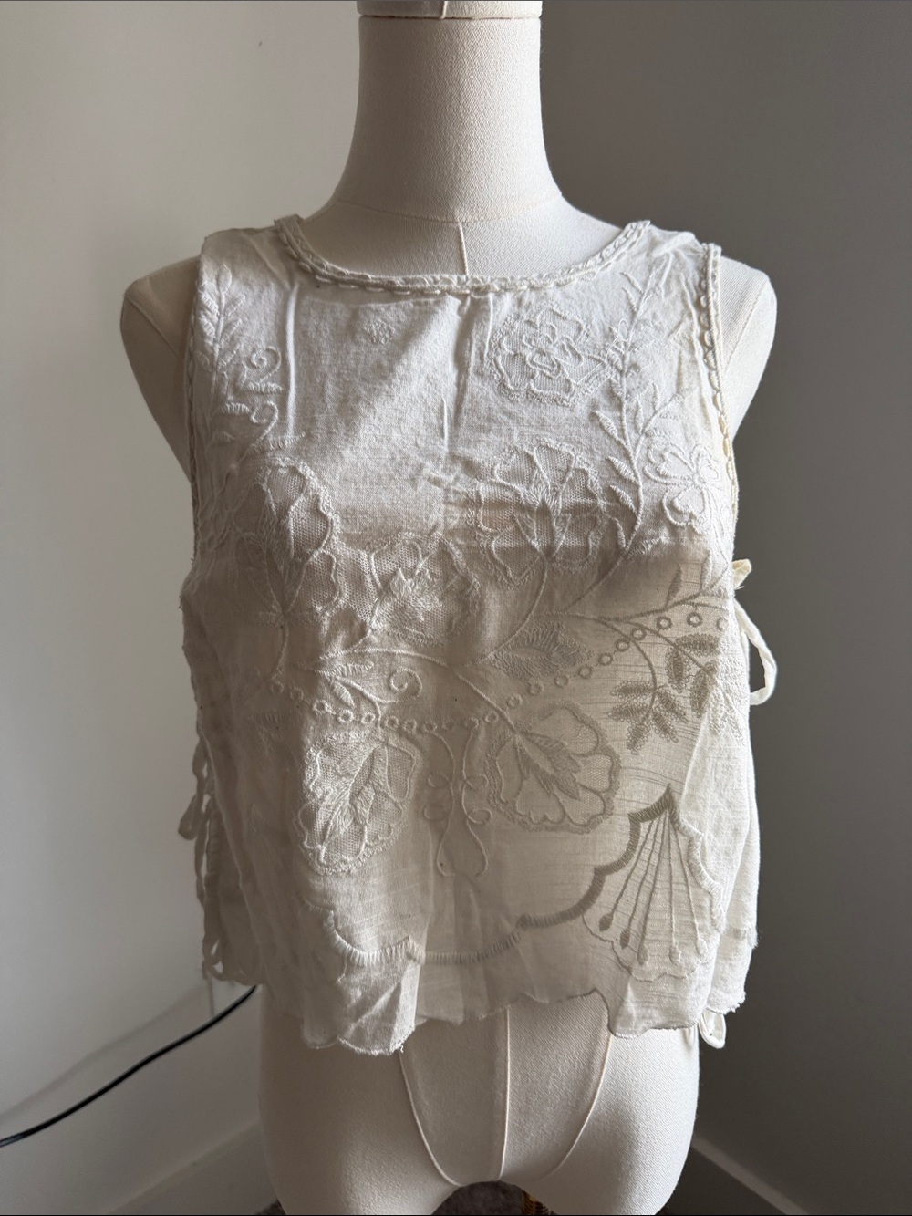 Free People White Embroidered Side-Tie Camisole